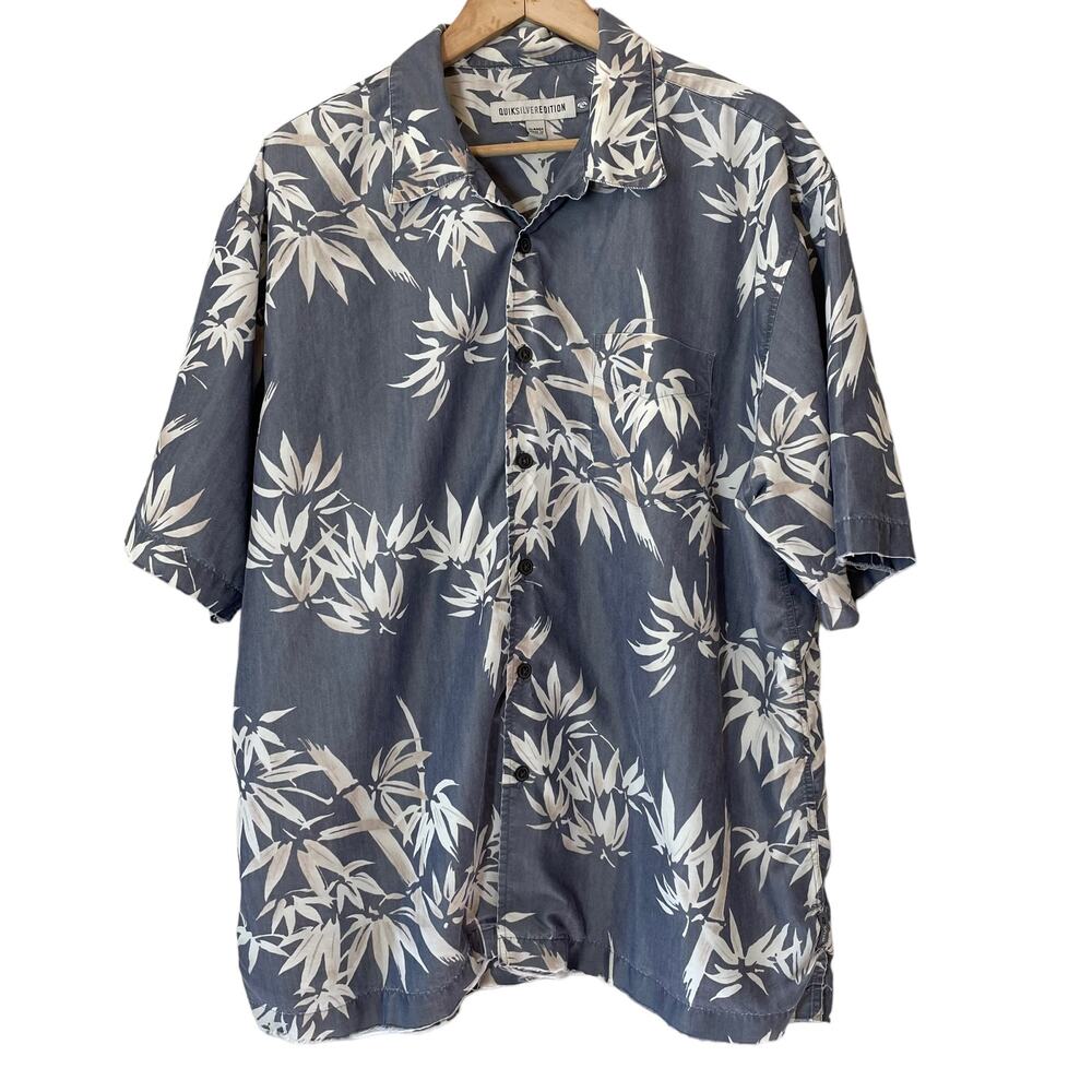 QuikSilver Bamboo Print Hawaiian Lyocell Blend Button Front Shirt Gray XL